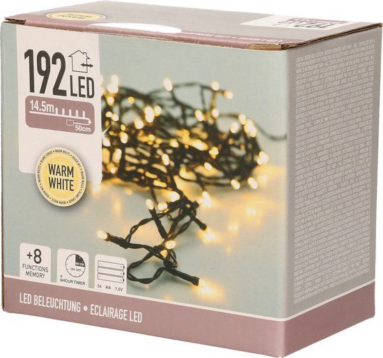 Kerstverlichting op batterij - 192 LED - Warm Wit - 15 meter