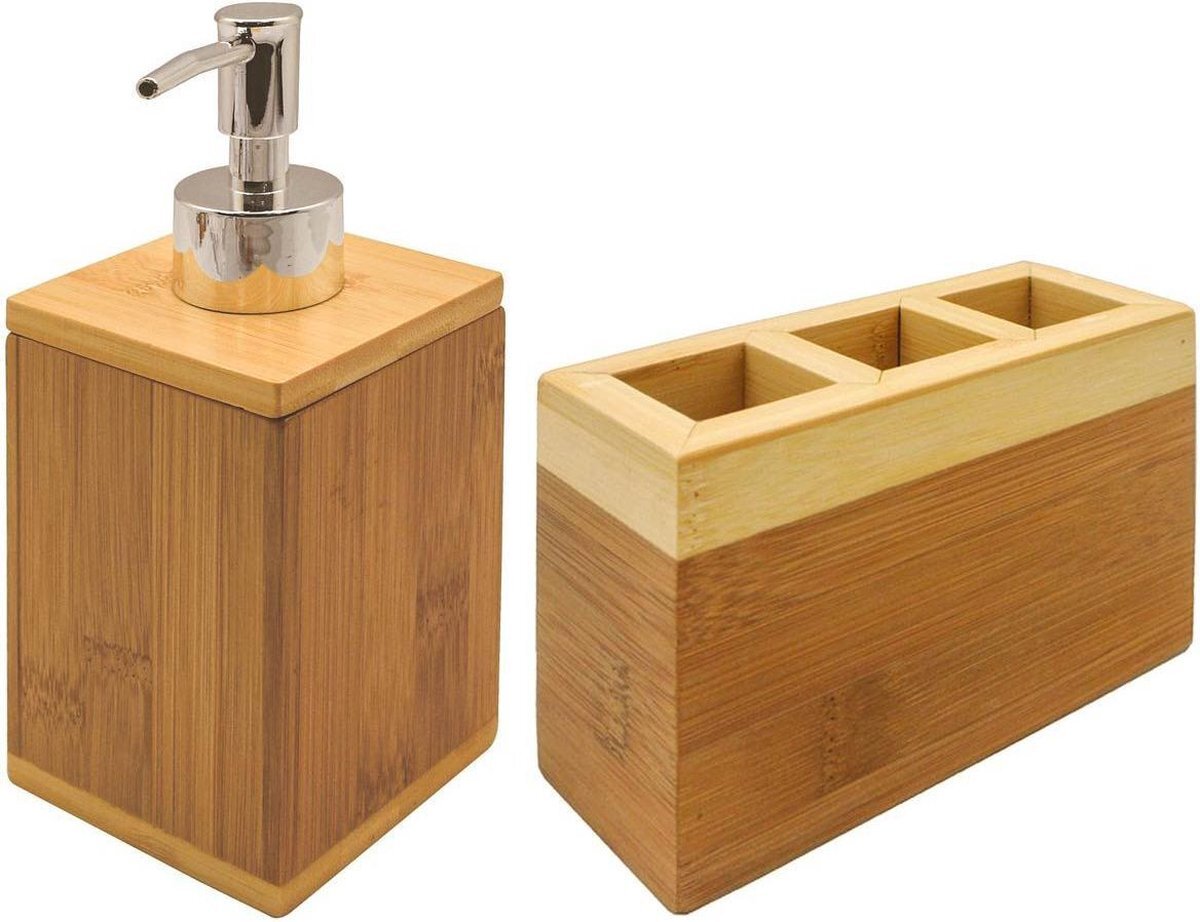Items Badkamerset 2-delig bamboe hout 13 cm - Navulbare zeep houder - Toilet/badkamer accessoires