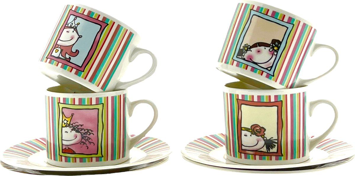 Girl Talk Kop en Schotel Set van 4 - 200ml - Aardewerk - Multi