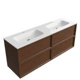 Saniclass Holz Frame Badkamermeubelset - 160x45x61.5cm - Flow solid surface wastafel wit - 2 wasbakken - 2 kraangaten - 4 lades - mat walnut pure (hout) SW1578624/SW1441151