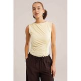 WE Fashion Dames jersey top met plooidetail - Korte mouw - Ronde hals - Lichtgeel - Maat XL