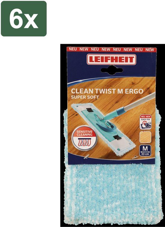 Leifheit Clean Twist Overtrek Klittenband Vloerwisser M Ergo 33 cm Supersoft - 6 x - Voordeelverpakking