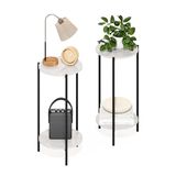 Furinno Besi 2-laags moderne hoge ronde bijzettafel met stevige metalen poten, marmerwit, set van 2