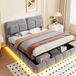 okwish Lit rembourré 140x200 cm - Avec éclairage LED et espace de rangement hydraulique - Lit double avec sommier à lattes - Velours - Gris - Sans matelas