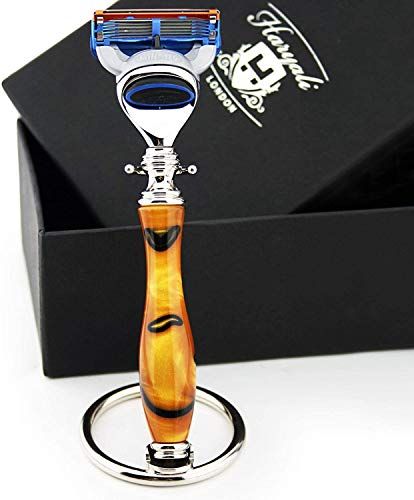 Haryali London Nieuwe editie - Ambar & Zwart - 5 Edge Razor met Compatibele Luxe Handvat & RVS Chrome Razor Stand - Perfect Duo voor Elk Scheerapparaat