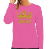 Bellatio Decorations Koningsdag Sweater voor dames - Queen - glitter goud - roze - feestkleding XXL