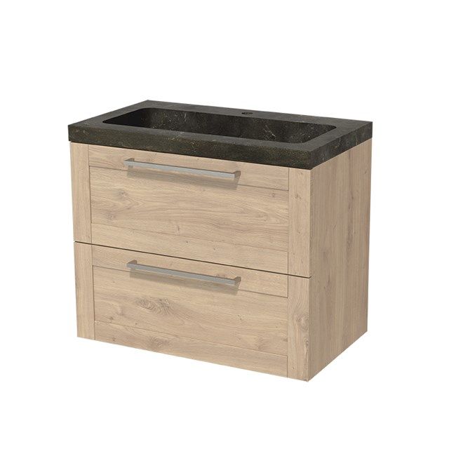Maxaro Badkamermeubel 80cm Modulo Lichtbruin Eiken 2 lades Kader Wastafel Natuursteen Blue Stone
