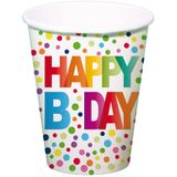 Folat 68512 Verjaardagsdecoratie wit met kleurrijke stippen - papieren bekers - snacks - Happy B'day - 250 ml - 8 stuks, meerkleurig