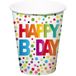 Folat 68512 Verjaardagsdecoratie wit met kleurrijke stippen - papieren bekers - snacks - Happy B'day - 250 ml - 8 stuks, meerkleurig