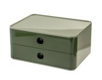 HAN Allison 1120-40 Ladebox met 2 laden en scheidingswand, kabelgeleiding, stapelbaar, gebruiksvoorwerpenbox voor kantoor, bureau, keuken, meubelvriendelijke rubberen voeten, hoogglanzend groen
