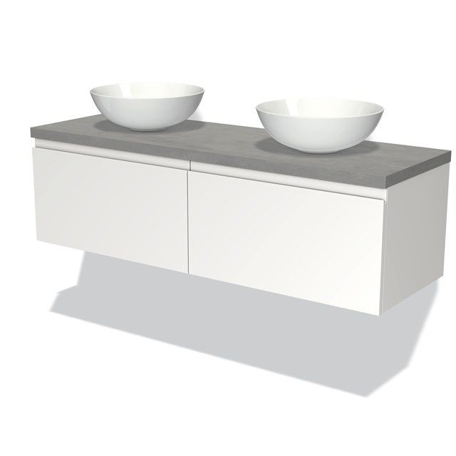 Maxaro Badkamermeubel Modulo Plato 140cm Mat Wit 2 Lades Greeploos Lichtgrijs Beton Blad
