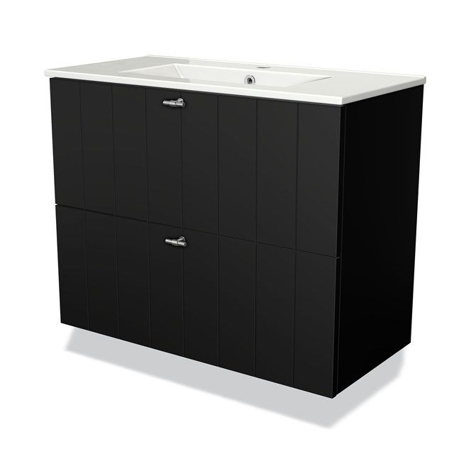 Maxaro Badkamermeubel 80cm Modulo Slim Mat Zwart 2 Lades Lamel Wastafel Keramiek