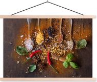 TextilePosters Poster - Schoolplaat - Lepels - Kruiden - Chilipeper - Specerijen - Zout - 150x100 cm - Blanke latten