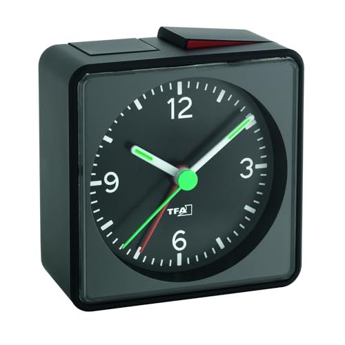 TFA Dostmann analoge wekker PUSH, 60.1013.01, stil sweep uurwerk, sluimerfunctie, achtergrondverlichting en lichtgevende wijzers, alarmtoon crescendo, zwart, kunststof, (L) 70 x (B) 37 x (H) 70 mm