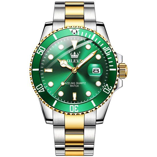 GWS OLEVS 5885 Herenhorloge - Groen/Zilver/Goud - Stalen Band - Saffierglas - 41mm - 3 ATM