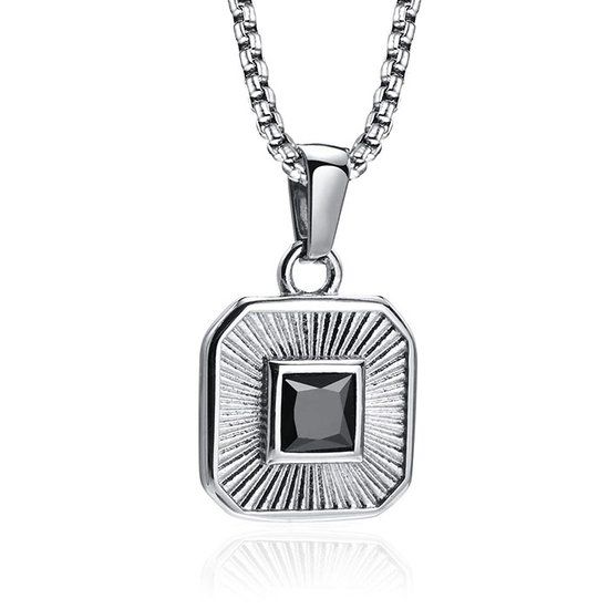 Mendes Ketting Vierkant met Zirkonia - Zilver & Zwart