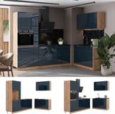 Vicco Keuken Fame-Line, Donkerblauw hoogglans/Goudkleurig Eiken, 340 x cm