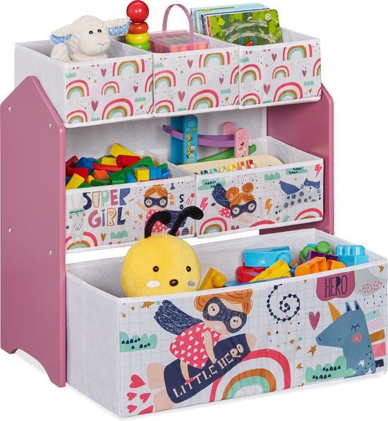 Relaxdays speelgoedkast met 6 manden, roze, wit, groen