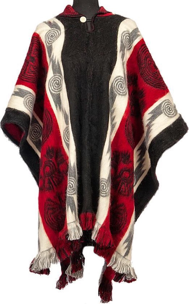 EcuaFina Poncho Maya - Zwart / Rood / Wit - Zuid Amerikaans - Kleurrijk - Vrolijk - - Alpaca Poncho - Ecuadoriaanse Poncho - Fairtrade - Direct Sourced - Sinterkerst Cadeau - Cadeau Idee Man - Cadeau Idee Vrouw