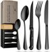 Unyqoos® Set de couverts, 30 pièces pour 6 personnes – acier inoxydable, noir, incluant 6 couteaux à steak extra tranchants, lavable au lave-vaisselle