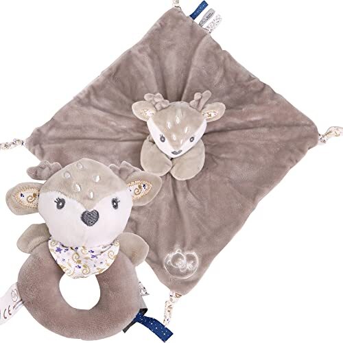 DODO D'AMOUR - Biche – 032192 – vierkant en rammelaar – 29 cm – beige – geboorte – pluche baby – vanaf 0 maanden