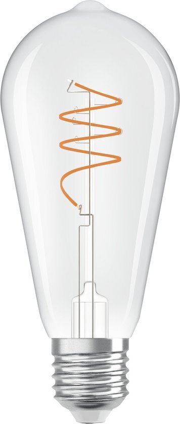 OSRAM Vintage 1906 Edison ist eine warmweiße LED-Lampe mit spiralförmigem Filament in Edison-Kolbenform. Sie bietet 3.4 W für 470 lm, E27 Fassung, klarfarbenes Glas, 64 mm Durchmesser, 2700 K.