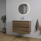 Saniclass Chaci Ensemble de meubles de salle de bain - 80x46x55cm - lavabo en céramique blanc - 1 vasque - 1 trou de robinetterie - 2 tiroirs - miroir rond avec éclairage - noyer (bois)