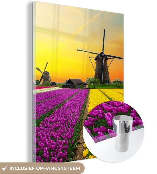 MuchoWow® Glass Painting 30x40 cm - Acrylic Glass Painting - Windmill - Tulips - Flowers - Spring - Photo on Glass - Paintings