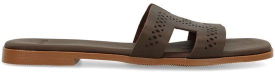 Manfield - Dames - Donkerbruine leren slippers - Maat 40
