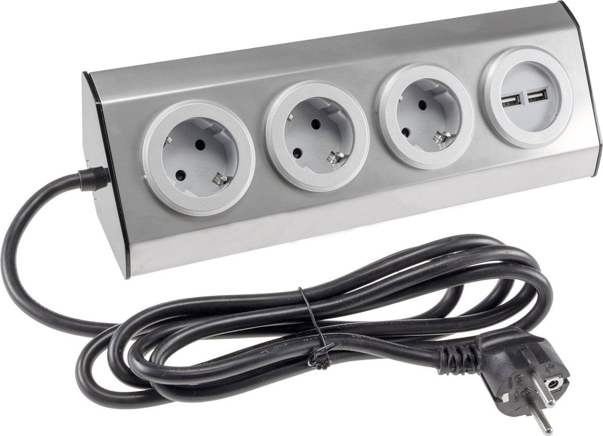 ChiliTec Bureau stekkerdoos met USB - Verdeelstekker horizontaal - Verdeeldoos met snoer 1.9 m - Hoek Stekkerdoos 45° - Zilver