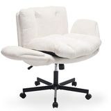 Cross Legged Bureaustoel met inklapbare armleuningen, extra brede zitting van 61 cm voor comfortabel zitten in de kleermakerszit, in hoogte verstelbare draaistoel van chenille, make-upstoel op wielen