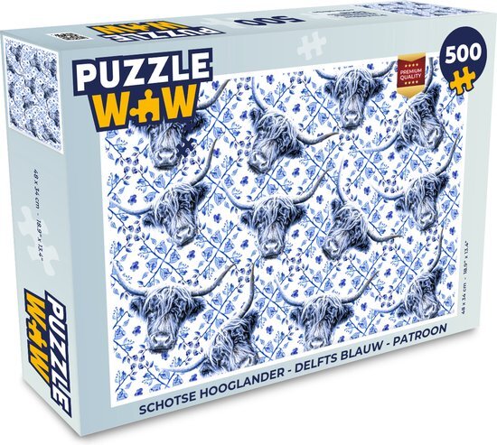 MuchoWow Puzzel Schotse hooglander - Delfts blauw - Patroon - Legpuzzel - Puzzel 500 stukjes