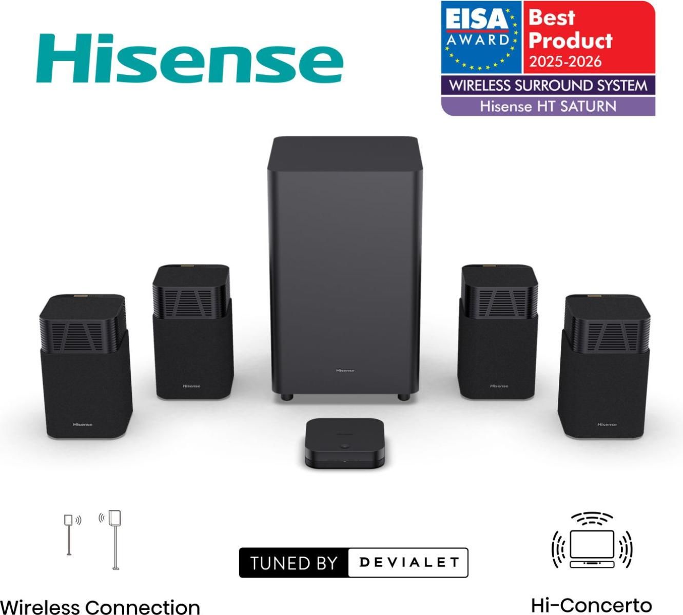 Hisense HT Saturn – Soundbar met draadloze subwoofer en draadloze surround speakers - 4.1.2 kanalen – 720W – Dolby Atmos