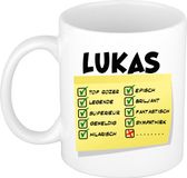 Bellatio Decorations Naam mok Lukas - wit - top gozer - keramiek - 300 ml - cadeau collega beker