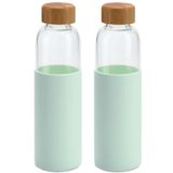 Merkloos / Sans marque Waterfles - glas - 2x - mintgroene siliconen hoes - 600 ml - bpa-vrij