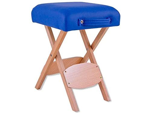 QUIRUMED Opvouwbare kruk van hout met gevoerde zitting, blauw