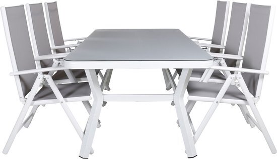 Hioshop Virya tuinmeubelset tafel 100x200cm en 6 stoel Break wit, grijs.