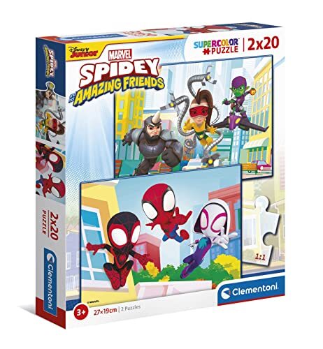 Clementoni Supercolor Spidey and His Amazing Friends-2 x 20 (inclusief 2 20 delen) - Made in Italy kinderen 3 jaar, Spiderman, cartoon-puzzel, meerkleurig, medium, 24794