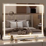 Puluomis Hollywood Spiegel 70x55CM - LED-strasslichtstrip- Spiegel met verlichting - USB & TYP C Oplaadpoort - 10x Vergroting - 3 lichtstanden - Dimbaar - Smart Touch