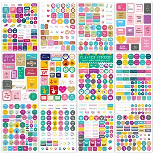 JUHONNZ Planner Stickers Set, 12 vellen verscheidenheid Mini Pictogrammen Dagelijkse Planning Stickers Maandelijkse en wekelijkse leven Tabs Budget Planner Essentials Stickers voor DIY Kalender Bullet Journal Scrapbook en Agenda's (#A)