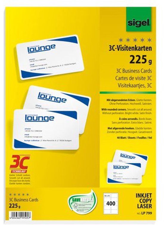 Sigel - visitekaartjes - wit - 85x55 mm - 225 gram - 400 stuks - met afgeronde hoeken - SI-LP799