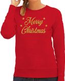 Bellatio Decorations Foute Kersttrui - sweater - Merry Christmas - gouden glitters tekst - rood - dames - kerstkleding S