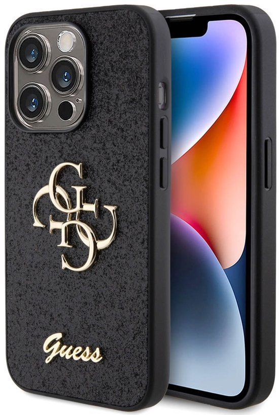 Guess 4G Logo Glitter Back Case - Geschikt voor Apple iPhone 15 Pro (6.1") - Zwart