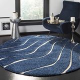 SAFAVIEH Florida Shag Collection SG472-6511 Abstract Wave gestructureerd 3,5 cm dikkere omtrek, 10 cm rond, donkerblauw/crème