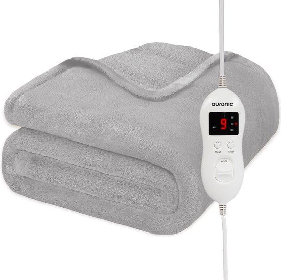 Auronic Elektrische Deken - 160 x 120 cm - 1 Persoons Warmtedeken - 9 Warmtestanden - Verwarmingsdeken - Licht Grijs