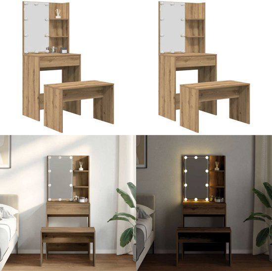 vidaXL Kaptafelset met LED-verlichting, bewerkt hout, artisanaal eiken