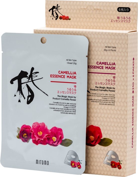Mitomo Voordeelpak Camellia Essence Mask Japanse Gezichtsmasker met Camellia Bloem Olie Rijk aan Vitamineâ€™s A B D en E & Omega 3 6 en 9 Huidtextuur verbeterend Waardevolle voedingstoffen voor een liftend effect 4-Stuks