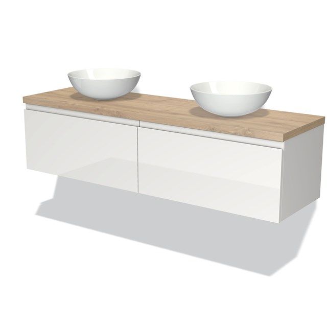 Maxaro Badkamermeubel Modulo Plato 160cm Hoogglans Wit 2 Lades Greeploos Lichtbruin Eiken Blad
