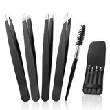 Alyvisun 5 Pcs Set van Professioneel Pincetten, Draagbaar Roestvrij Staal Pincet voor Wenkbrauwen, Textured Anti-Slip Coating, Geschikt voor Gezichtshaar Verwijderen voor Vrouwen en Mannen (Zwart)