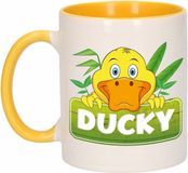 Bellatio Decorations Ducky mok - geel/wit - keramiek - 300 ml - kinder beker eend